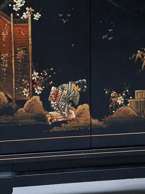 Mid-Century Chinoiserie Black Lacquer TV & Stereo Console with Olympic KC370 Television, c.1960’s