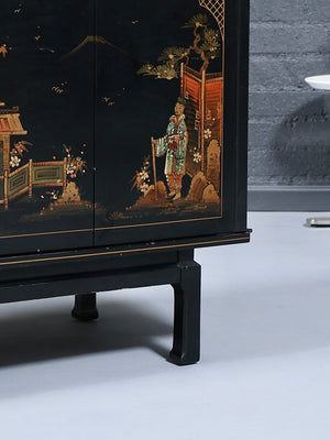 Mid-Century Chinoiserie Black Lacquer TV & Stereo Console with Olympic KC370 Television, c.1960’s