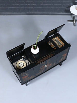 Mid-Century Chinoiserie Black Lacquer TV & Stereo Console with Olympic KC370 Television, c.1960’s