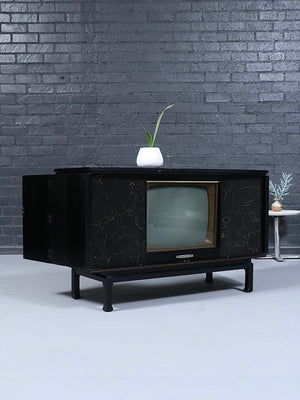 Mid-Century Chinoiserie Black Lacquer TV & Stereo Console with Olympic KC370 Television, c.1960’s