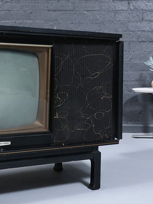 Mid-Century Chinoiserie Black Lacquer TV & Stereo Console with Olympic KC370 Television, c.1960’s