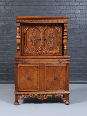 Renaissance Revival Carved Tiger Oak Cabinet w/ Walnut Burl Panels, c.1920’s