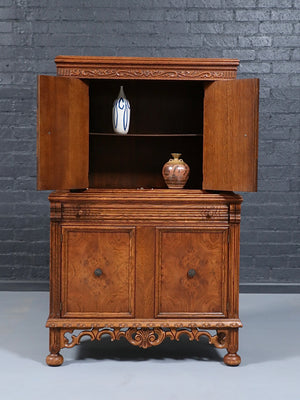 Renaissance Revival Carved Tiger Oak Cabinet w/ Walnut Burl Panels, c.1920’s