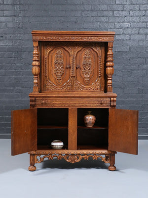 Renaissance Revival Carved Tiger Oak Cabinet w/ Walnut Burl Panels, c.1920’s