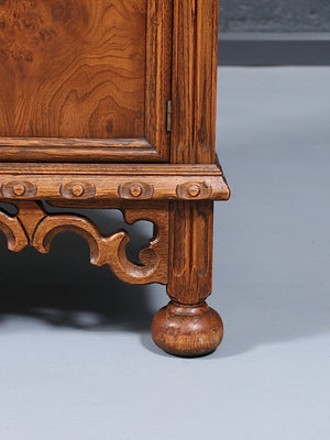 Renaissance Revival Carved Tiger Oak Cabinet w/ Walnut Burl Panels, c.1920’s