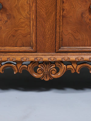 Renaissance Revival Carved Tiger Oak Cabinet w/ Walnut Burl Panels, c.1920’s