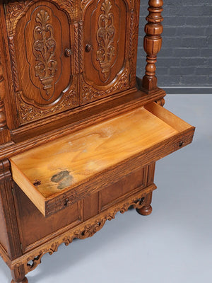 Renaissance Revival Carved Tiger Oak Cabinet w/ Walnut Burl Panels, c.1920’s