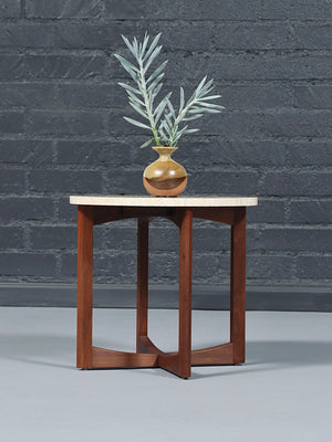 Mid-Century Modern Sculpted Walnut Side Table w/ Travertine Top, c.1960’s