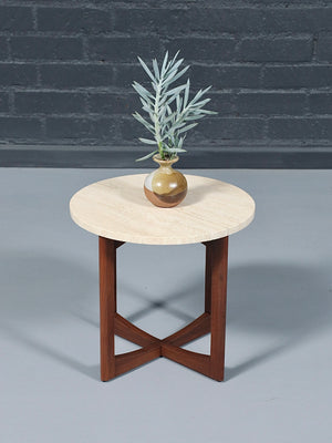 Mid-Century Modern Sculpted Walnut Side Table w/ Travertine Top, c.1960’s