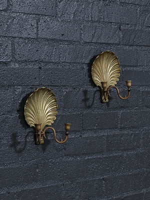 Pair of Hollywood Regency Gilt Brass Shell Candle Sconces w/ Scroll Arms, c.1960’s