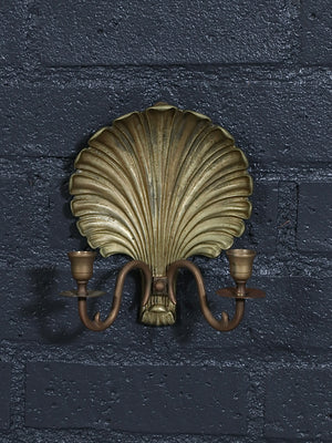 Pair of Hollywood Regency Gilt Brass Shell Candle Sconces w/ Scroll Arms, c.1960’s