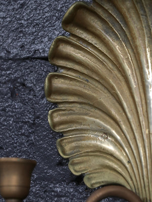 Pair of Hollywood Regency Gilt Brass Shell Candle Sconces w/ Scroll Arms, c.1960’s