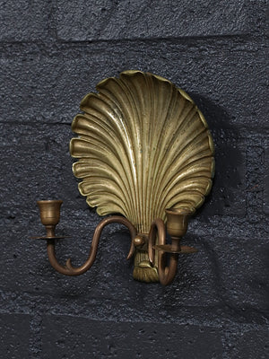 Pair of Hollywood Regency Gilt Brass Shell Candle Sconces w/ Scroll Arms, c.1960’s