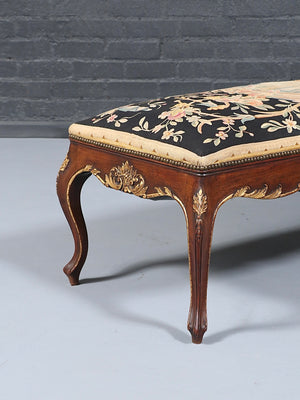 French Louis XV Style Carved Walnut Upholstered Bench w/ Gilt Accents, c.1920’s