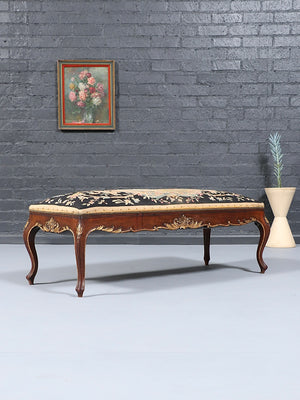 French Louis XV Style Carved Walnut Upholstered Bench w/ Gilt Accents, c.1920’s