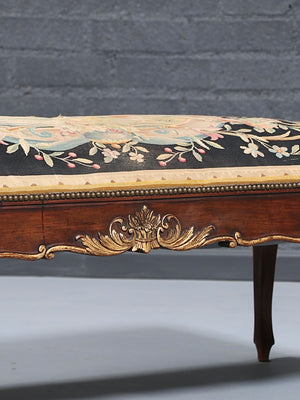 French Louis XV Style Carved Walnut Upholstered Bench w/ Gilt Accents, c.1920’s