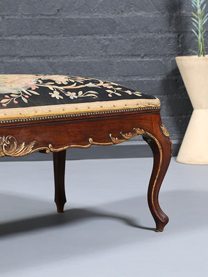 French Louis XV Style Carved Walnut Upholstered Bench w/ Gilt Accents, c.1920’s