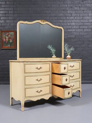 Vintage French Provincial Style “Limoges” Painted Dresser w/ Mirror by Drexel, c.1960’s