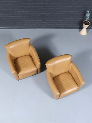 Pair of Vintage Modern Tan Leather Club Lounge Chairs, c.1980’s