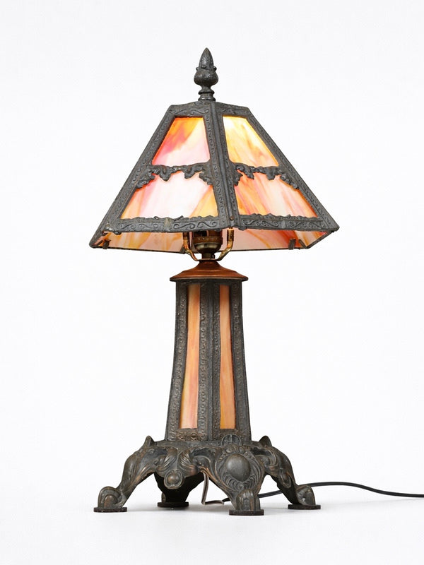 Arts & Crafts Style Table Lamp w/ Cathedral Slag Glass, c.1970’s