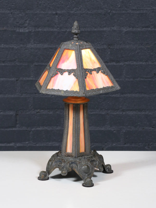 Arts & Crafts Style Table Lamp w/ Cathedral Slag Glass, c.1970’s