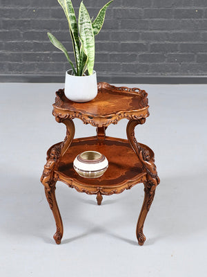 Italian Rococo Revival Marquetry Two-Tier Table w/ Carved Cherubs, c.1950’s