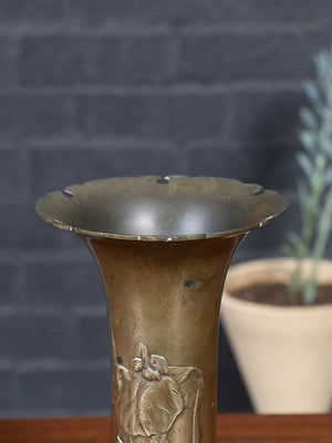 French Art Nouveau Iris Relief Repoussé Brass Vase, c.1920’s