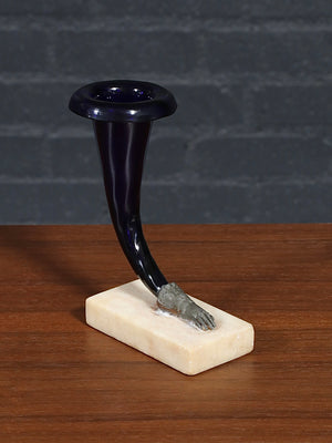 Pair of Victorian Gilt Brass  Hand & Amethyst Glass Cornucopia Vases w/ Marble Bases, c.1900’s