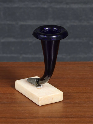 Pair of Victorian Gilt Brass  Hand & Amethyst Glass Cornucopia Vases w/ Marble Bases, c.1900’s