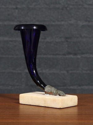 Pair of Victorian Gilt Brass  Hand & Amethyst Glass Cornucopia Vases w/ Marble Bases, c.1900’s