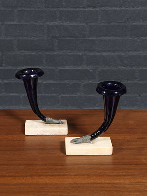 Pair of Victorian Gilt Brass  Hand & Amethyst Glass Cornucopia Vases w/ Marble Bases, c.1900’s