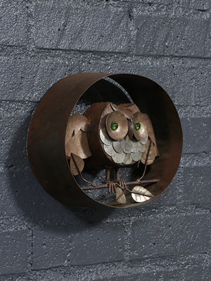 Vintage Rustic Folk Art Metal Owl Wall Sculpture w/ Green Glass Eyes, c.1970’s