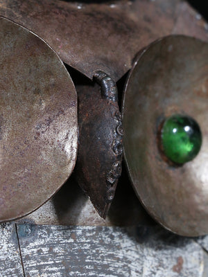 Vintage Rustic Folk Art Metal Owl Wall Sculpture w/ Green Glass Eyes, c.1970’s