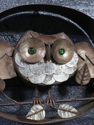 Vintage Rustic Folk Art Metal Owl Wall Sculpture w/ Green Glass Eyes, c.1970’s