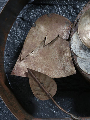 Vintage Rustic Folk Art Metal Owl Wall Sculpture w/ Green Glass Eyes, c.1970’s