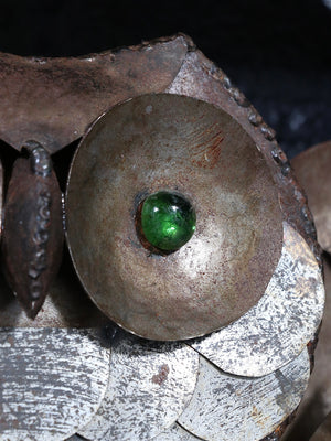 Vintage Rustic Folk Art Metal Owl Wall Sculpture w/ Green Glass Eyes, c.1970’s