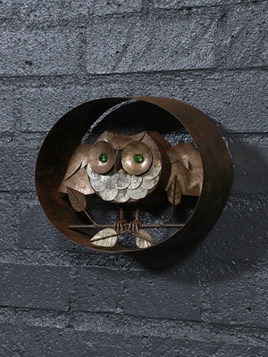 Vintage Rustic Folk Art Metal Owl Wall Sculpture w/ Green Glass Eyes, c.1970’s