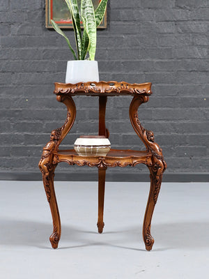 Italian Rococo Revival Marquetry Two-Tier Table w/ Carved Cherubs, c.1950’s