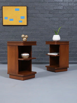 Pair of Art Deco Mahogany Tier Night Stands w/ Bookcase, c.1940’s