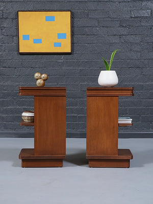 Pair of Art Deco Mahogany Tier Night Stands w/ Bookcase, c.1940’s