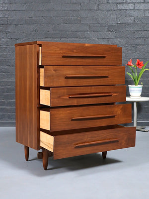 Mid-Century Modern Sculpted Walnut Highboy Dresser by Harmony House, c.1960’s
