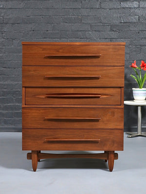 Mid-Century Modern Sculpted Walnut Highboy Dresser by Harmony House, c.1960’s