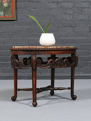 Italian Carved Mahogany Table w/ Foliate Scrollwork, Central Cartouche & Breccia Marble Top, c.1900’s