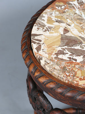 Italian Carved Mahogany Table w/ Foliate Scrollwork, Central Cartouche & Breccia Marble Top, c.1900’s