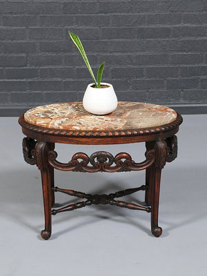 Italian Carved Mahogany Table w/ Foliate Scrollwork, Central Cartouche & Breccia Marble Top, c.1900’s