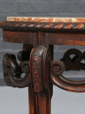 Italian Carved Mahogany Table w/ Foliate Scrollwork, Central Cartouche & Breccia Marble Top, c.1900’s