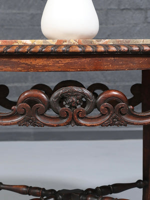 Italian Carved Mahogany Table w/ Foliate Scrollwork, Central Cartouche & Breccia Marble Top, c.1900’s