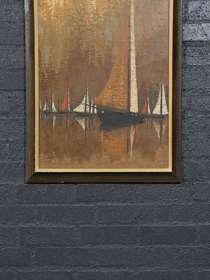 Jacques Henri Guyot French Mid-Century Modern Harbor Scene Oil Painting w/ Sailboats, c.1960’s