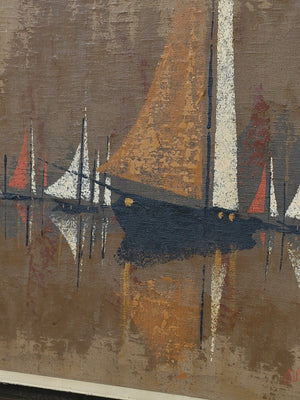 Jacques Henri Guyot French Mid-Century Modern Harbor Scene Oil Painting w/ Sailboats, c.1960’s