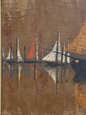 Jacques Henri Guyot French Mid-Century Modern Harbor Scene Oil Painting w/ Sailboats, c.1960’s